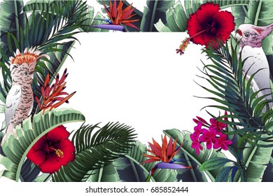 Background with Tropical leaves and exotic flowers Bird in paradise and parrots. Image for advertising booklets, banners, cards. Summer poster.