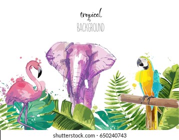 Background With Tropical Leaves Flamingo, Parrot And Elephant. Suitable For Nature Concept, Safari, Zoo And Summer Holiday. Vector Illustration.