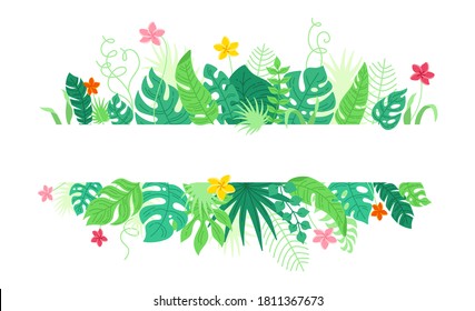 Background from tropical leaves and flowers, cartoon style. Trendy hawaiian abstract template banner. Tropic rainforest foliage border with monstera, banana leaves. Frame for text. Vector illustration