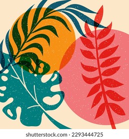 Background with tropical leaves, geometric shapes.Colorful cute screen printing effect. Riso print effect. Vector illustration. Graphic element  for fabric, textile, clothing, wrapping paper, poster