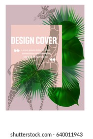 Background with tropical leaves , giraffe and place for text. Vector illustration