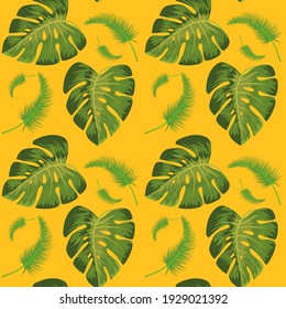 Background from tropical leaves on a yellow background, texture for design, seamless pattern, vector illustration