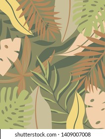 Background with tropical leaves in Safari style. Vector design. Jungle print. Floral background.