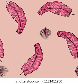 Background of tropical leaves. Tropical seamless pattern with leaves. Pink color.