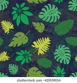 Background with tropical leaves. Seamless pattern for web, print, wallpaper, wrapping, packaging design, scrapbook, spring summer fashion fabric, textile design.