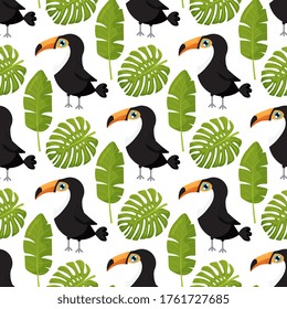 background with tropical leaves and toucans. Vector seamless pattern for stylish fabric design. Vector illustration