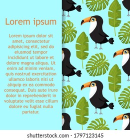 background with tropical leaves and toucans. Vector seamless pattern for stylish fabric design. Vector illustration