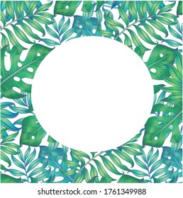 Background with tropical leaves. White circle in the center. Isolated on white. Vector illustration