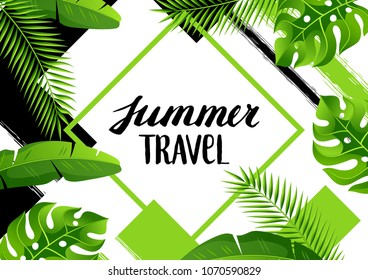 Background with tropical palm leaves. Exotic tropical plants. Illustration of jungle nature.