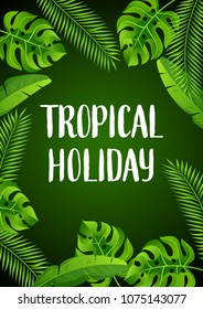 Background with tropical palm leaves. Exotic tropical plants. Illustration of jungle nature.