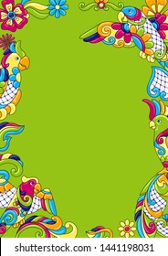 Background with tropical parrots. Mexican ceramic cute naive art. Ethnic decorative objects. Decoration with ornamental birds.
