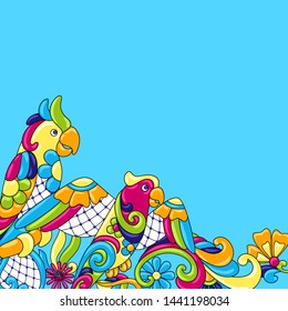 Background with tropical parrots. Mexican ceramic cute naive art. Ethnic decorative objects. Decoration with ornamental birds.
