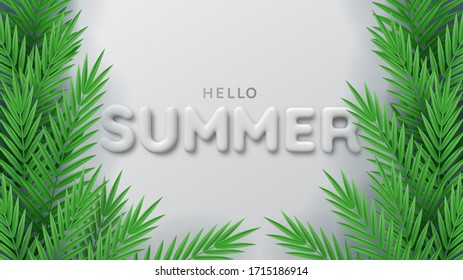 Background of tropical plants and 3d white summer inscription. Hello summertime. Palm leaves, jungle leaf. Realistic 3d illustration. The poster for sale and an advertizing sign. Vector illustration