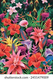 Background from tropical plants and exotic flowers, vector illustration 