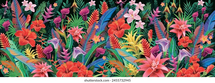 Background from tropical plants and exotic flowers, vector illustration 