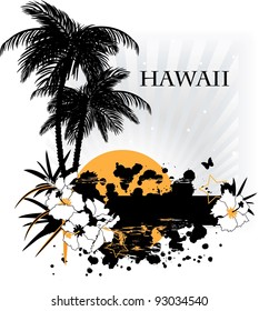Background with tropical plants flowers and butterflies