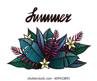 Background With Tropical Plants And Flowers and lettering 'Summer' above