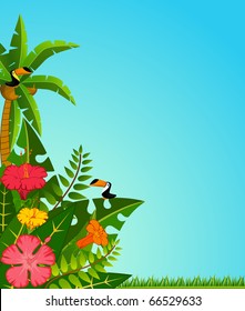 Background with tropical plants and parrots.