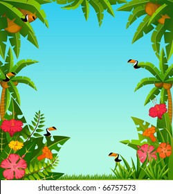 Background with tropical plants and parrots.