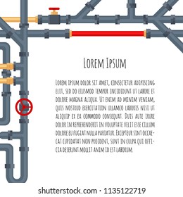 Background with tubes and pipelines on white and place for your text. Flat elements of water tubing. Plumbing fo gas, oil industry. Vector illustration in flat style