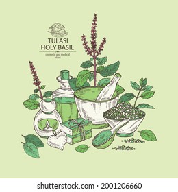 Antecedentes con tulasi: planta de albahaca sagrada y hojas de tulasi. Planta sagrada.  Aceite, jabón y sal de baño. Cosméticos y plantas médicas. Ilustración dibujada a mano por el vector