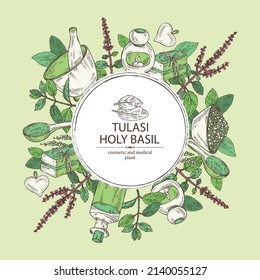 Background with tulasi: holy basil plant and tulasi leaves. Sacred plant.  Oil, soap and bath salt . Cosmetics and medical plant. Vector hand drawn illustration