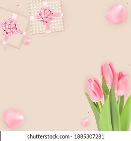 Fondo con Tulipanes y diseño de caja de regalo. Plantilla para publicidad, web, medios sociales y anuncios de moda.  Afiche horizontal, volante, tarjeta de saludo, cabecera del sitio web Ilustración vectorial. 