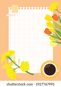 The background of tulips, rape flowers, coffee, and paper