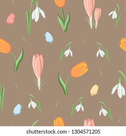 Background with tulips and snowdrops.vector illustration