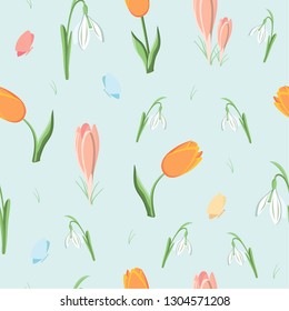 Background with tulips and snowdrops.vector illustration