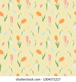Background with tulips and snowdrops.vector illustration