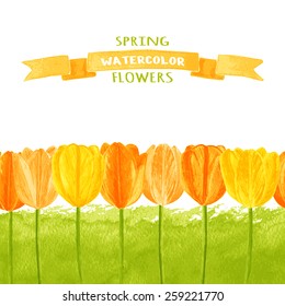 Background of tulips. Watercolor vector illustration. Floral design elements. Global color used.