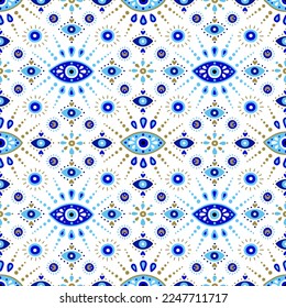 Background of Turkish evil eye symbols. Ethnic style blue greek protection from the spoilage signs with golden details. EPS 10 vector seamless pattern for wrapping paper, textile, package print.