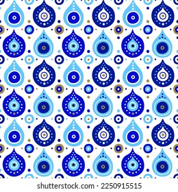 Background of Turkish evil eye symbols. Ethnic style blue greek protection from the spoilage signs with golden details. EPS 10 vector seamless pattern for wrapping paper, textile, package print