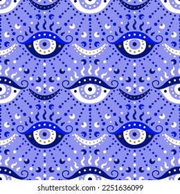 Background of Turkish evil eye symbols. Ethnic style blue mauve greek protection from the spoilage signs with golden details. EPS 10 vector seamless pattern for wrapping paper, textile, package print