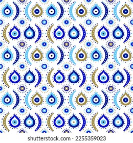 Background of Turkish evil eye symbols. Ethnic style blue greek protection from the spoilage signs with golden details. EPS 10 vector seamless pattern for wrapping paper, textile, package print