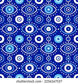 Background of Turkish evil eye symbols. Ethnic style blue greek protection from the spoilage signs. EPS 10 vector seamless pattern for wrapping paper, textile, package print