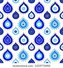 Background of Turkish evil eye symbols. Ethnic style blue greek protection from the spoilage signs. EPS 10 vector seamless pattern for wrapping paper, textile, package print.