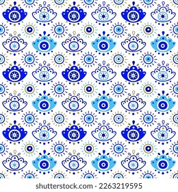 Background of Turkish evil eye symbols. Ethnic style blue greek protection from the spoilage signs with golden details. EPS 10 vector seamless pattern for wrapping paper, textile, package print