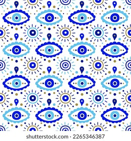 Background of Turkish evil eye symbols. Ethnic style blue greek protection from the spoilage signs with golden details. EPS 10 vector seamless pattern for wrapping paper, textile, package print