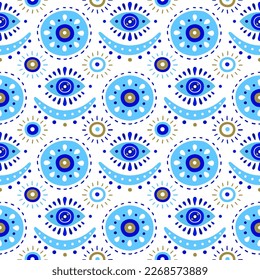 Background of Turkish evil eye symbols. Ethnic style blue greek protection from the spoilage signs with golden details. EPS 10 vector seamless pattern for wrapping paper, textile, package print