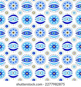 Background of Turkish evil eye symbols. Ethnic style blue greek protection from the spoilage signs with golden details. EPS 10 vector seamless pattern for wrapping paper, textile, package print