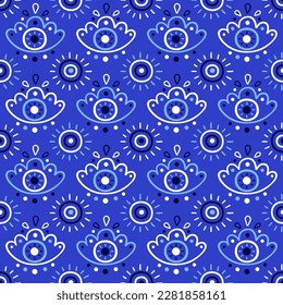 Background of Turkish evil eye symbols. Ethnic style dark blue backdrop with greek protection from the spoilage signs. EPS 10 vector seamless pattern for wrapping paper, textile, package print