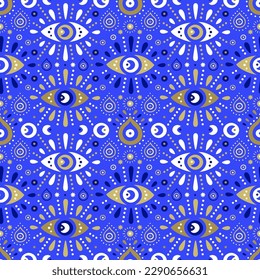 Background of Turkish evil eye symbols. Ethnic style blue greek protection from the spoilage signs with golden details. EPS 10 vector seamless pattern for wrapping paper, textile, package print.