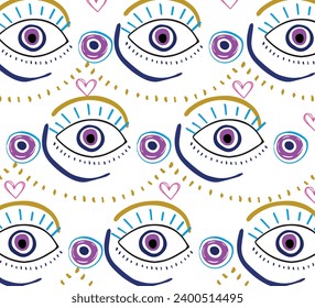 Background of Turkish evil eye symbols. Ethnic style blue greek protection from the spoilage signs with golden details. EPS 10 vector seamless pattern for wrapping paper, textile, package print