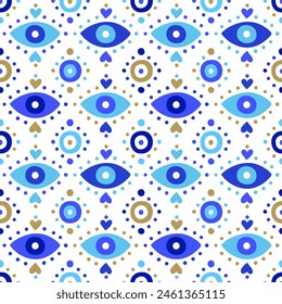 Background of Turkish evil eye symbols. Ethnic style blue greek protection from the spoilage signs with golden details. EPS 10 vector seamless pattern for wrapping paper, textile, package print