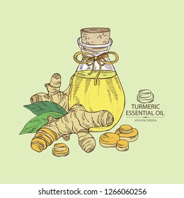 Background with turmeric root, leaves and bottle of essential oil. Cosmetic, perfumery and medical plant. Vector hand drawn illustration