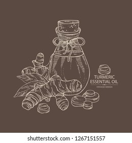 Background with turmeric root, leaves and bottle of essential oil. Cosmetic, perfumery and medical plant. Vector hand drawn illustration