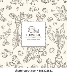 Background with turmeric: turmeric root and leaves. Vector hand drawn illustration.