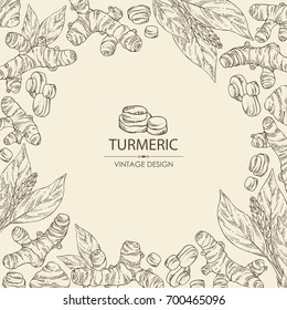 Background with turmeric: turmeric root and leaves. Vector hand drawn illustration.